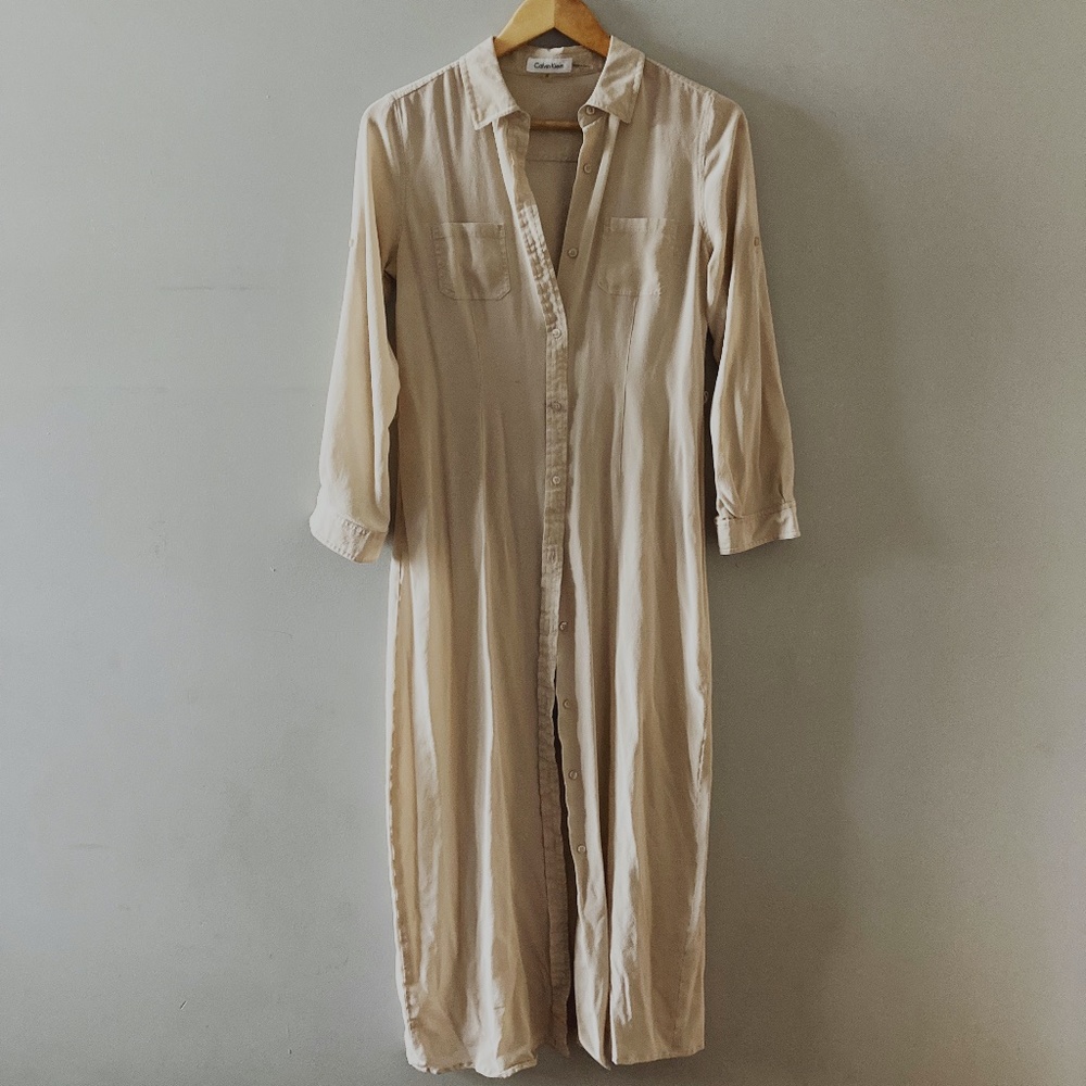 Vintage 90s Calvin Klein Silk Maxi Duster Shirt Dress S/M